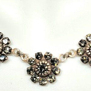 Vintage Liz Palacios S.F Green Crystal 3 Flower Necklace / Metal Copper Tone